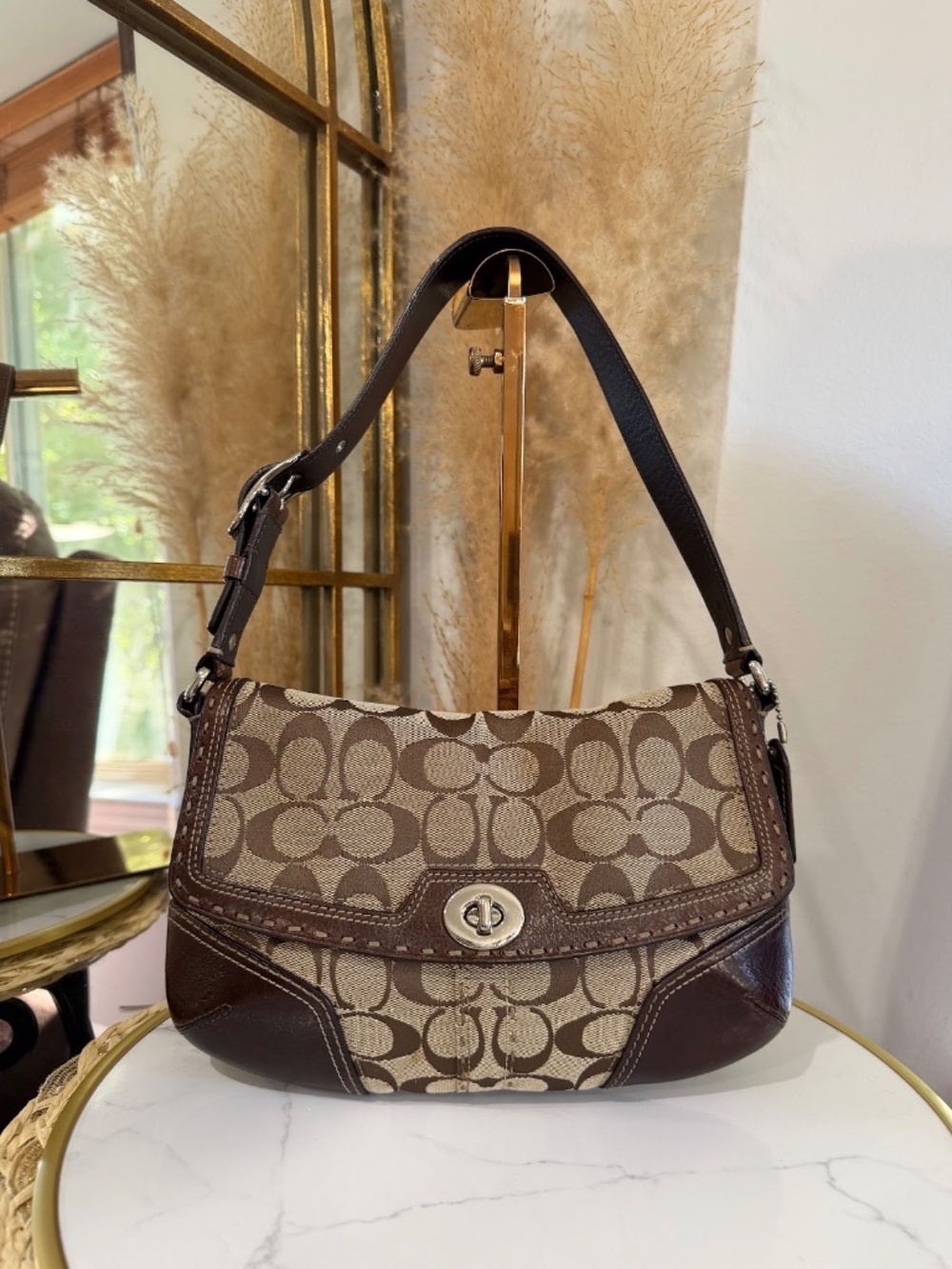 Coach Vintage Y2K Signature Brown Canvas & Leather Flap Turn-loch Shoulder Bag - Picture 3 of 14